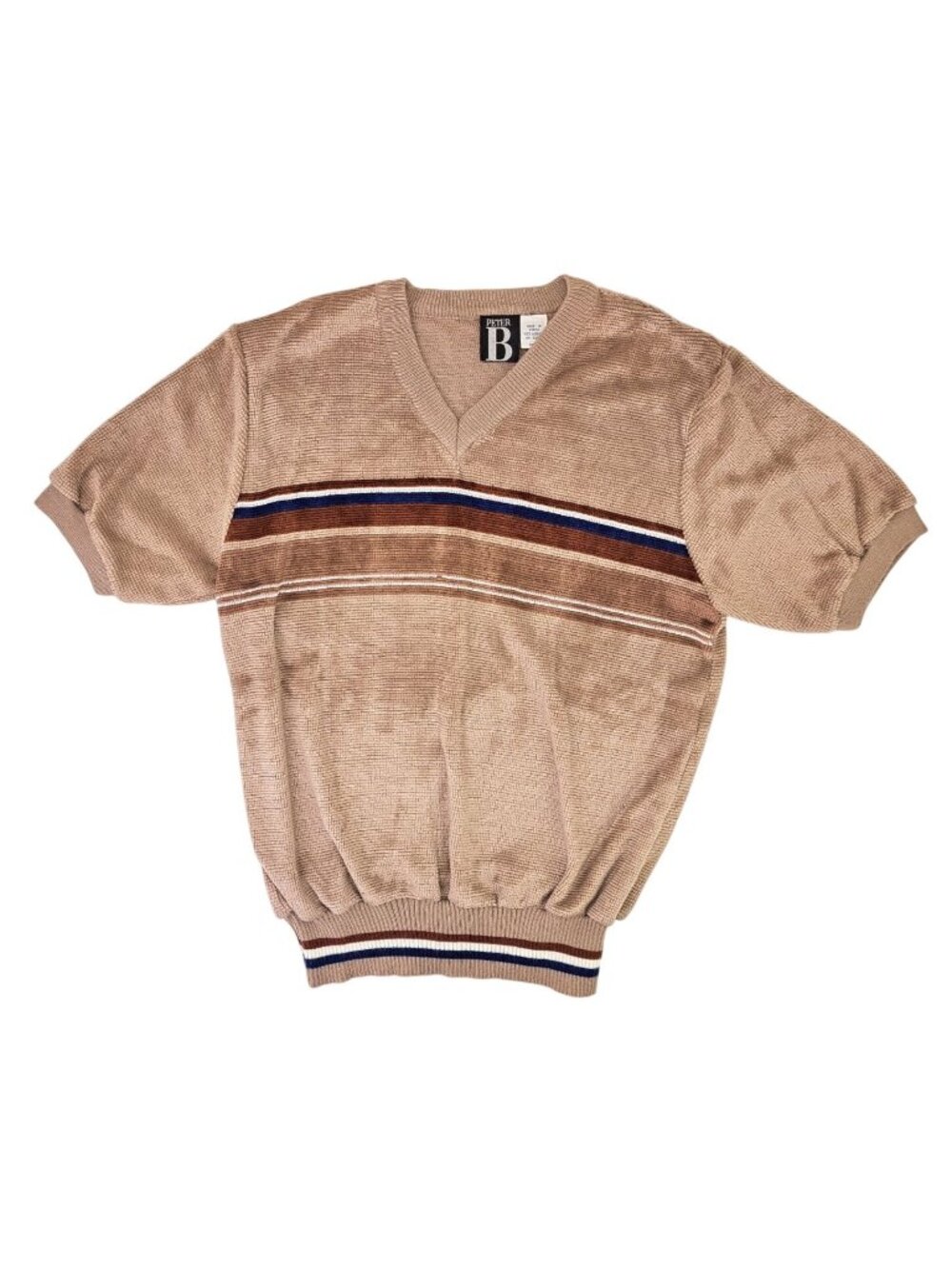 Vintage Peter B V-Neck Short Sleeve Sweater Brown Velour Stripes Men Small 70s